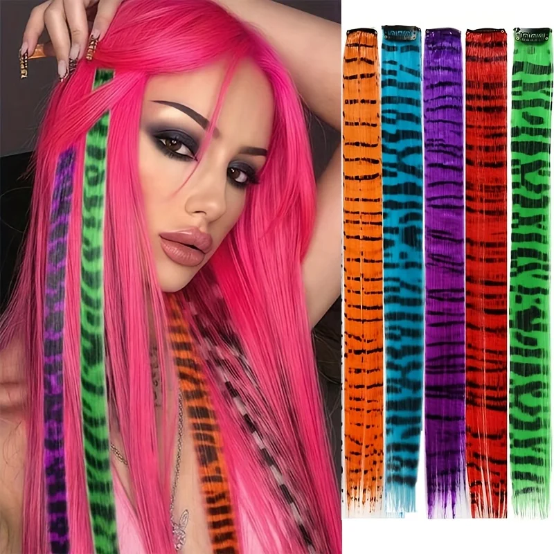

10 шт. накладных прядей для волос с леопардовым принтом, 18 дюймов, разноцветные, с тигровыми полосками, прямые, в стиле Y2K, для женщин, для фестивалей и вечеринок