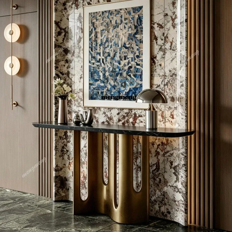 Modern simple marble entrance table villa living room stainless steel end view table against the wall ultra-narrow strip case