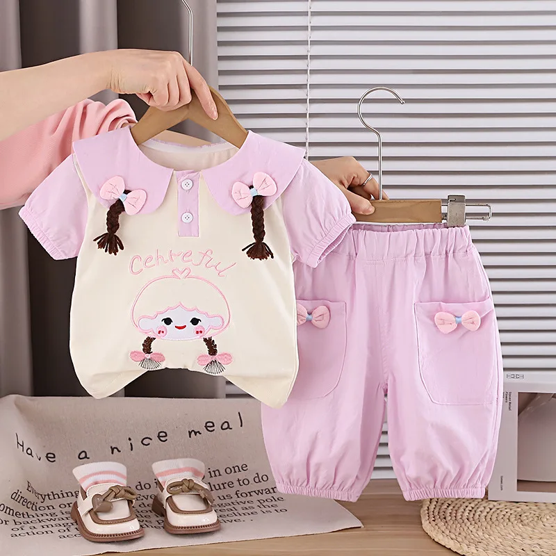 Baby Summer Sweet Cute Clothes Suits Kids Girls Embroidery Pattern Tshirt+ Pants 2Pcs Outdoor Clothes for Chidren Fashion Outfit