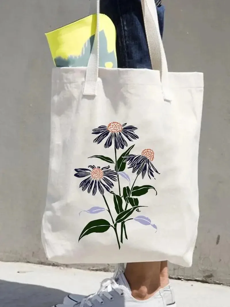 

Flower Floral Girls Graphic Canvas Tote Bag for Women Aesthetic T Shopping Grocery Reusable School with Tote Bags for Women