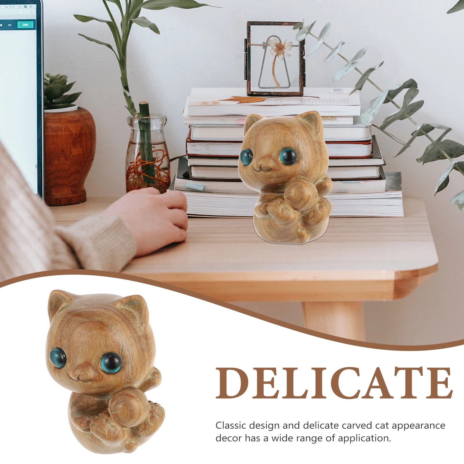 

Wooden Cat Statue Delicate Carving Desktop Decor Comfortable Touch Not Easy Break Deform Home Office Decoration