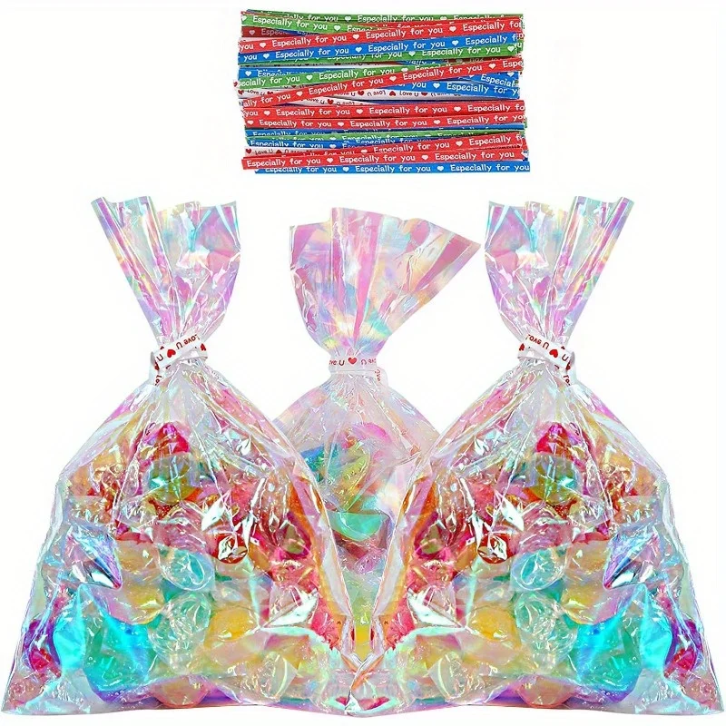 100 Uds., bolsas gruesas de celofán iridiscentes con lazos, bolsas de plástico Goody para recuerdos de fiesta, regalos pequeños, bolsa de embalaje