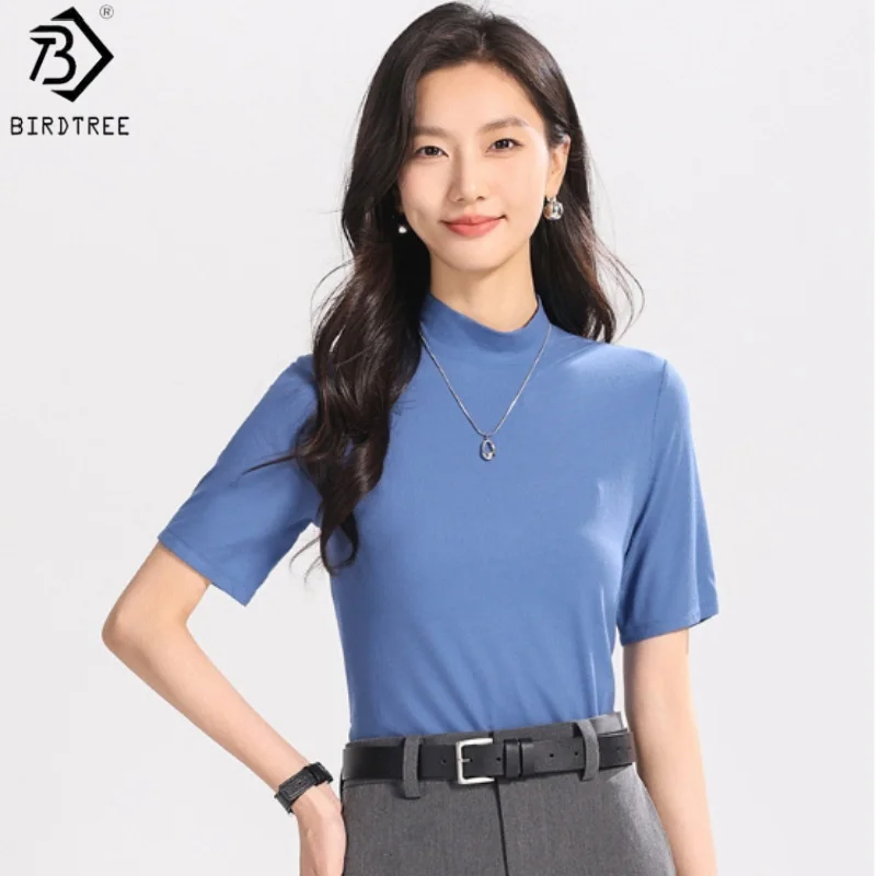 

Женская футболка Birdtree из 6% шелка, 85% вискозного волокна с половиной рукава, облегающая однотонная футболка с мышечной подошвой, простая подкладка T57614JF
