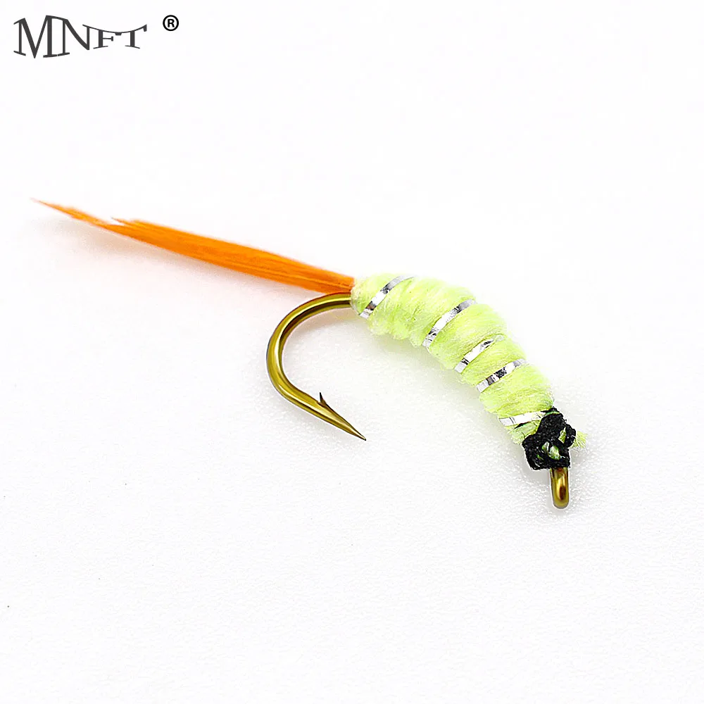 MNFT 10Pcs/Pack Yellow Body Orange Feather Tail Nymph Trout Fishing Mayfly Baits Fishing Hooks 12#