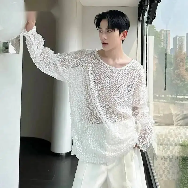 Fashion Men's Tees Round Collar Sequins Decoration Niche Design Long Sleeved Casual Pullover Mesh Hollow Out T-shirt 9W672W