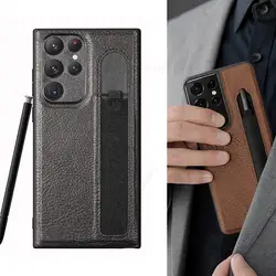 For Samsung S22 Ultra 5G S Pen Slot Stylus Holder Leather Case For Galaxy S22 Plus S21 Ultra Slim Phone Cover For Note 20 Ultra