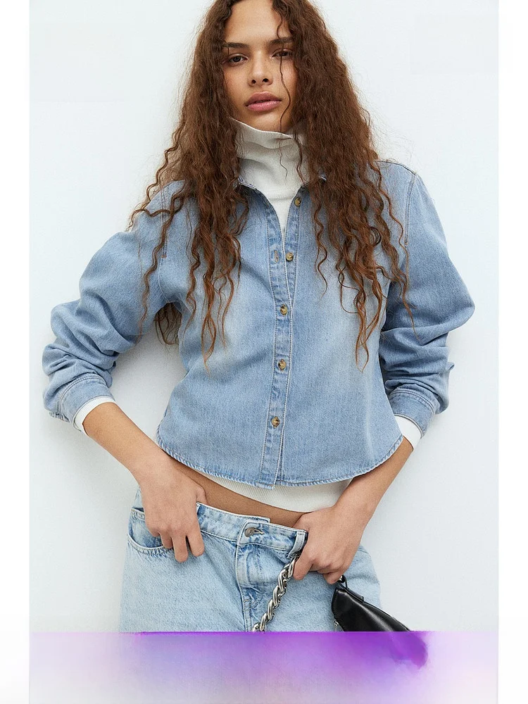 

H&M Women's Casual Style Short Length Denim Shirt Summer Turn-down Collar Long Sleeve Pure Color Cotton 82% Lenzing 18%