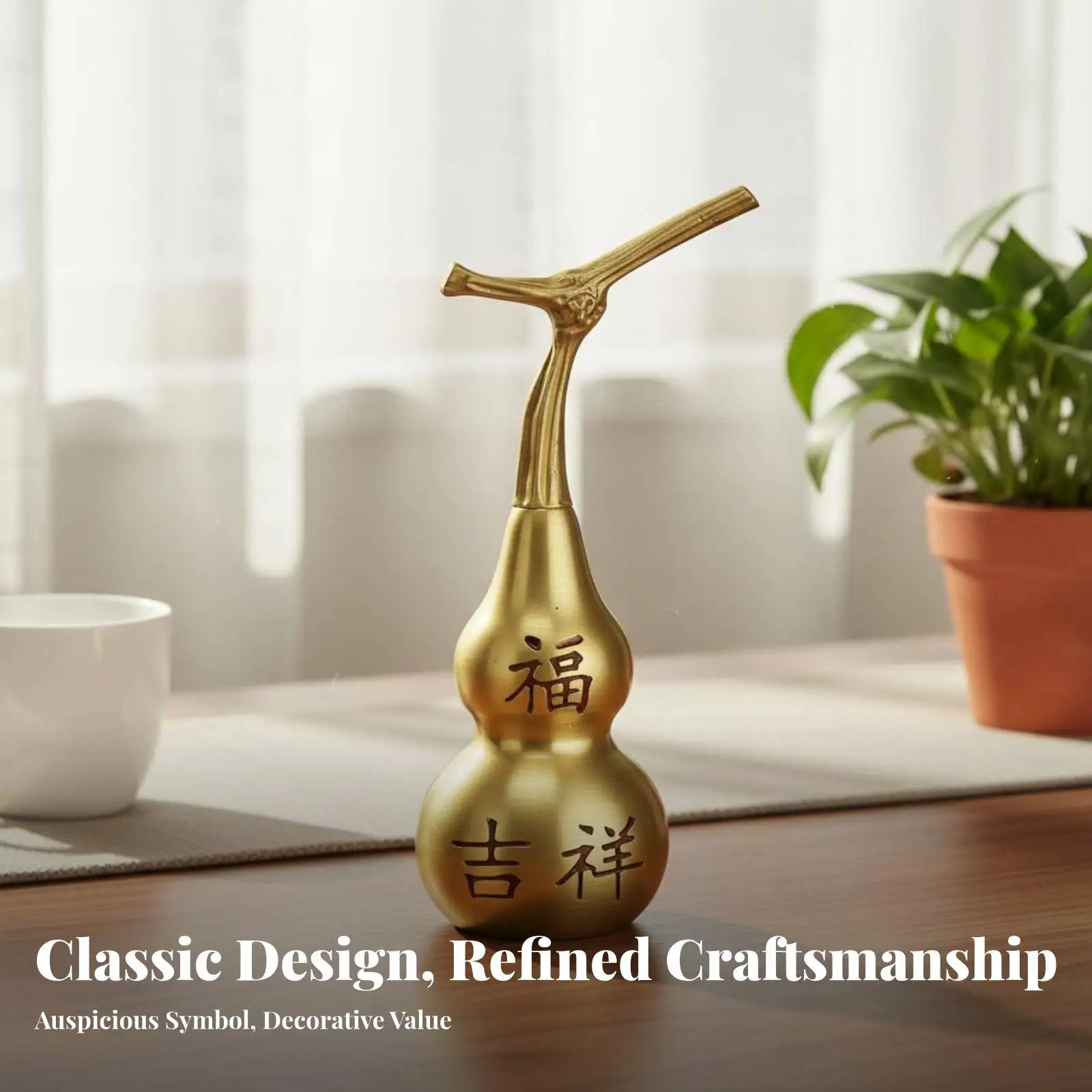 Antique Brass Calabash Gourd Statue for Desk Living Room Entryway with Yin Yang Charms and Lid