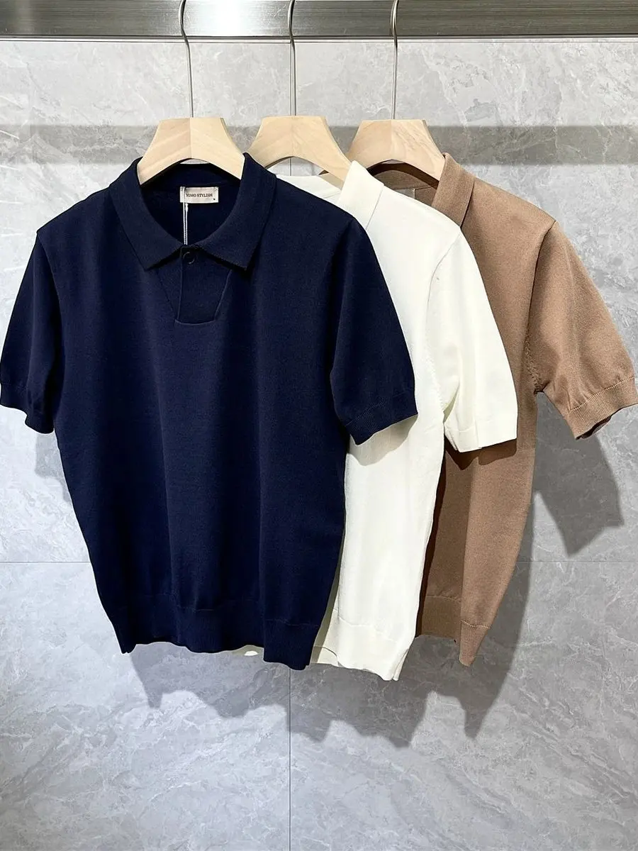 

Summer Faion Lightweight Single Button High End Feel Knitted ort Sve irt Men's Korean Sle Ice Silk Breathable...