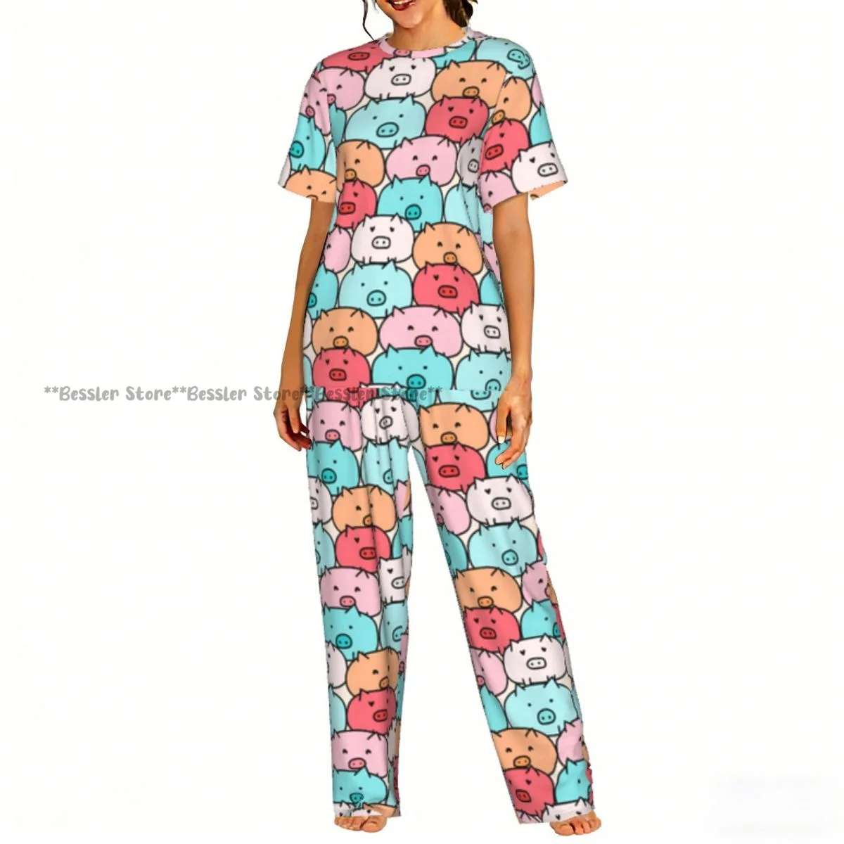 

Women's Pajamas Set Colorful Cute Pig Short Sleeve Sleepwear 2 Piece Homewear Loungewear