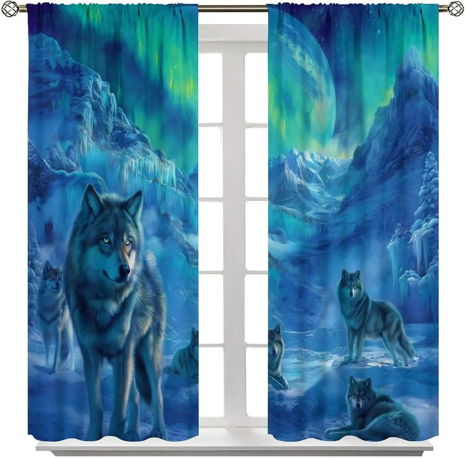 Rustic Wolf Curtain Aurora Ice Mountain Giant Planet Snow Animal Night View Country Light Blocking Drape For Villa Dorm Resort
