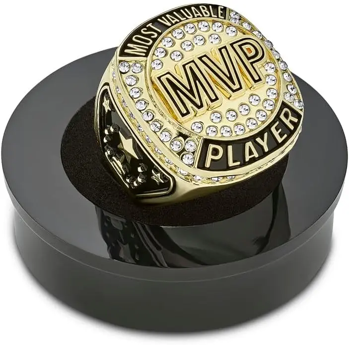 Champion Gold MVP Most Valuable Player Trophy Ring Award Gift Prize with Display Neck Chain and Stand Championship Rings