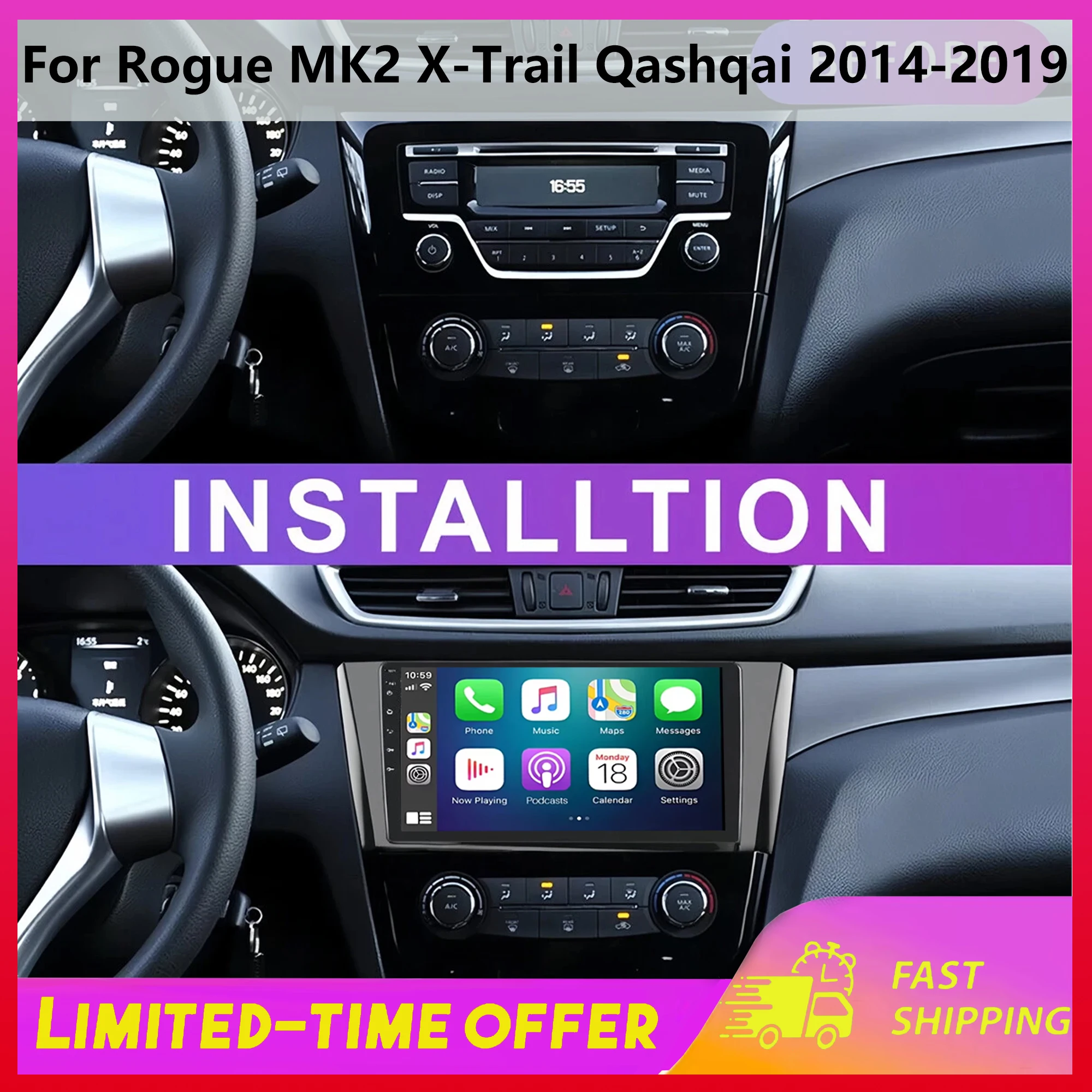 

10in Android 15 Car Stereo Radio GPS Navigation for Rogue MK2 X-Trail Qashqai 2014-2019 Wireless Carplay 2+32G Multimedia
