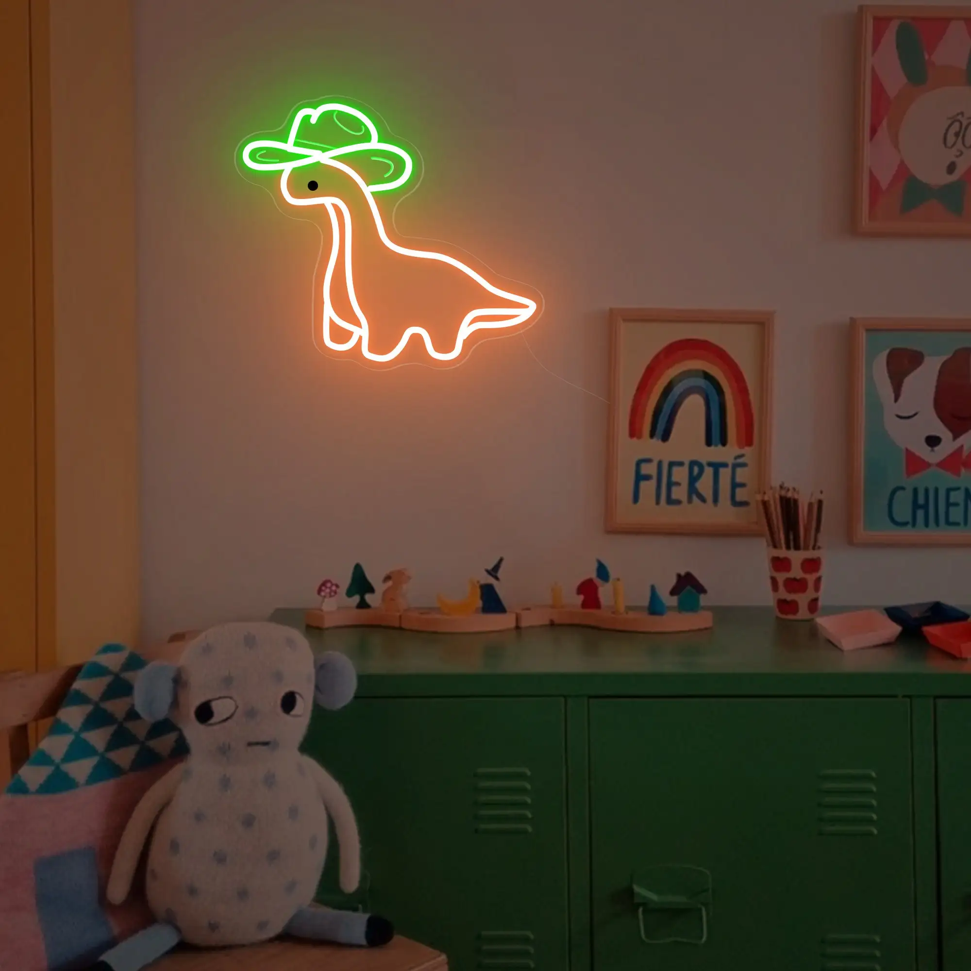 Cowboy Neon Sign Animal Dinosaur Sign Wall Art Decor Anime Dinosaur Wearing Hat Sign Kids Bedroom Night Neon Kawaii Game Room