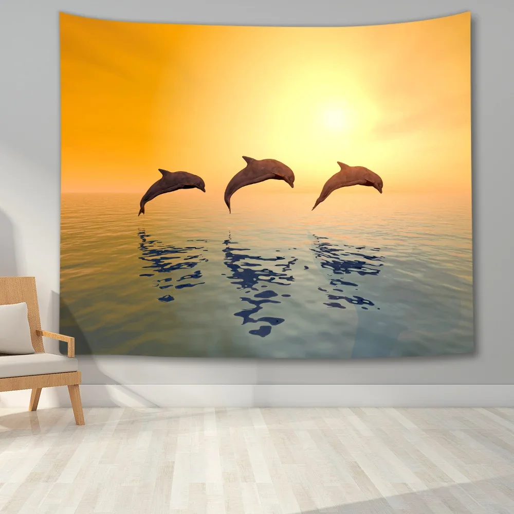 Underwater World Tapestry Wall Hanging Turtle Shark Mermaid Dolphin Tapestry Print Wall Hanging Living Room Bedroom Dormitory