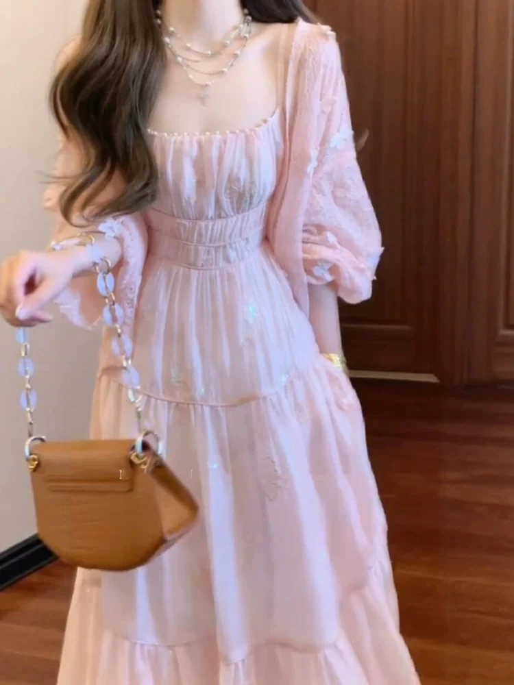 

XZY Elegant plus Size Embroidered Sequin Strap Dress Women's Summer Waist Cinched Fairy Vacation Dress French Style Loose Fit