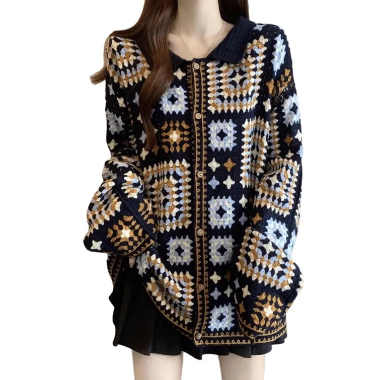 سترة نسائية محبوكة برقبة بولو من قماش الجاكار العرقي للسيدات والفتيات مقاس كبير ملابس غطاء سترة جميلة للخريف والشتاء #1