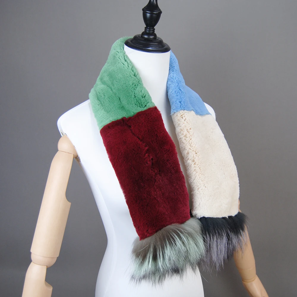 2024 Winter Women Genuine Knitted Fox Fur Scarf Real Rex Rabbit Fur Collar Warm Neck Natural colorful Rex Rabbit Fur Scarves