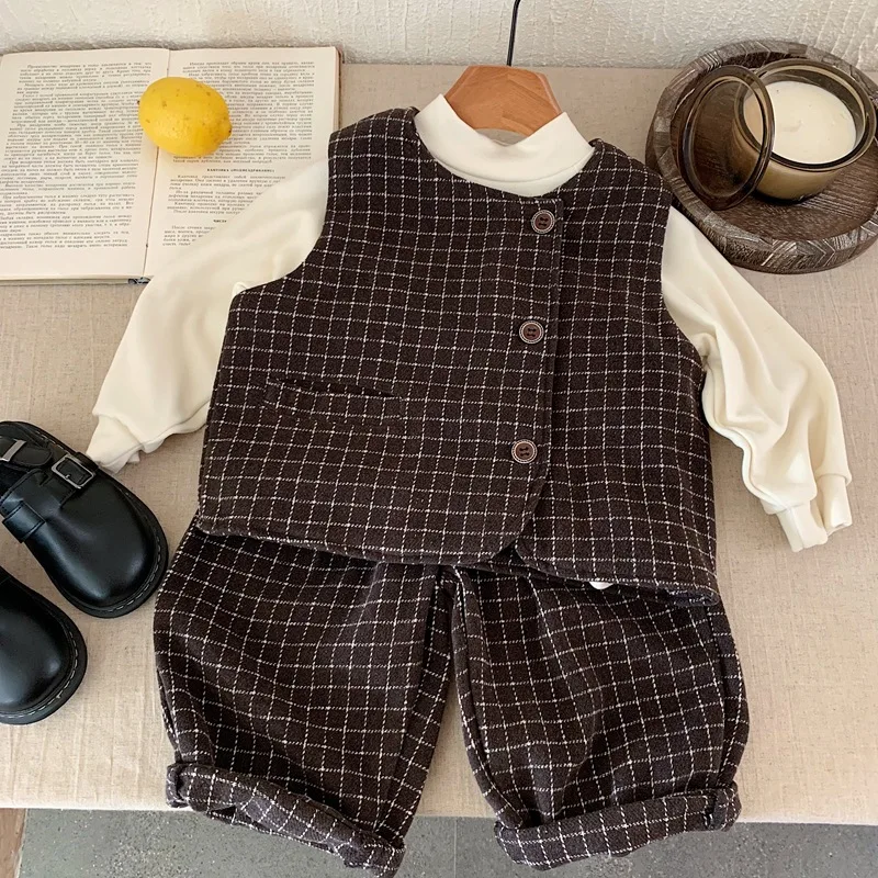 

Boys' Suit Autumn And Winter New Children's Woollen Vest Slacks Two-Piece Checked 2025 Children's Clothing