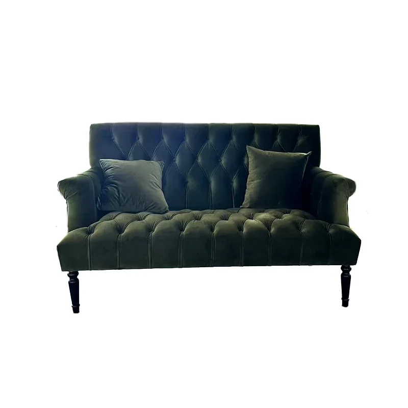 French vintage green velvet double sofa American country high-back pull-button English high-legged sofa chair