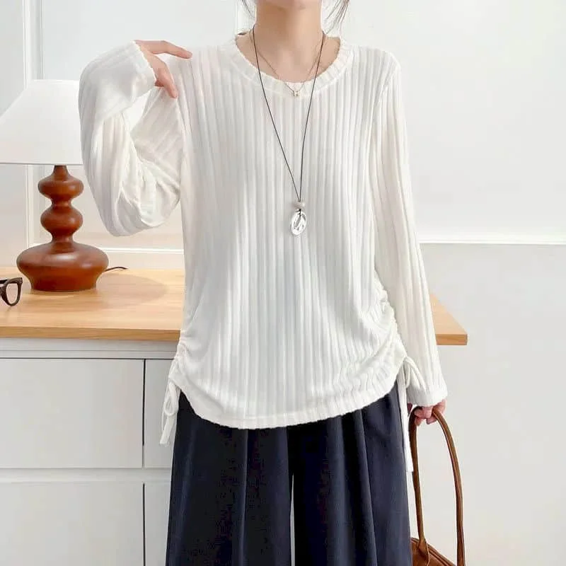 

T-shirts O-neck Solid Loose Drawstring Knitted Elegant Tops Vintage Casual Korean Style Long Sleeve Autumn New Women Clothing