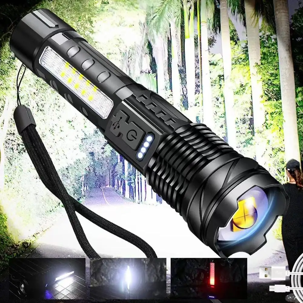 High Power LED Flashlights Tactical Emergency Strong Spotlights Torch Zoom Telescopic Camping Built-in Rechargeable USB Bat M1Y3