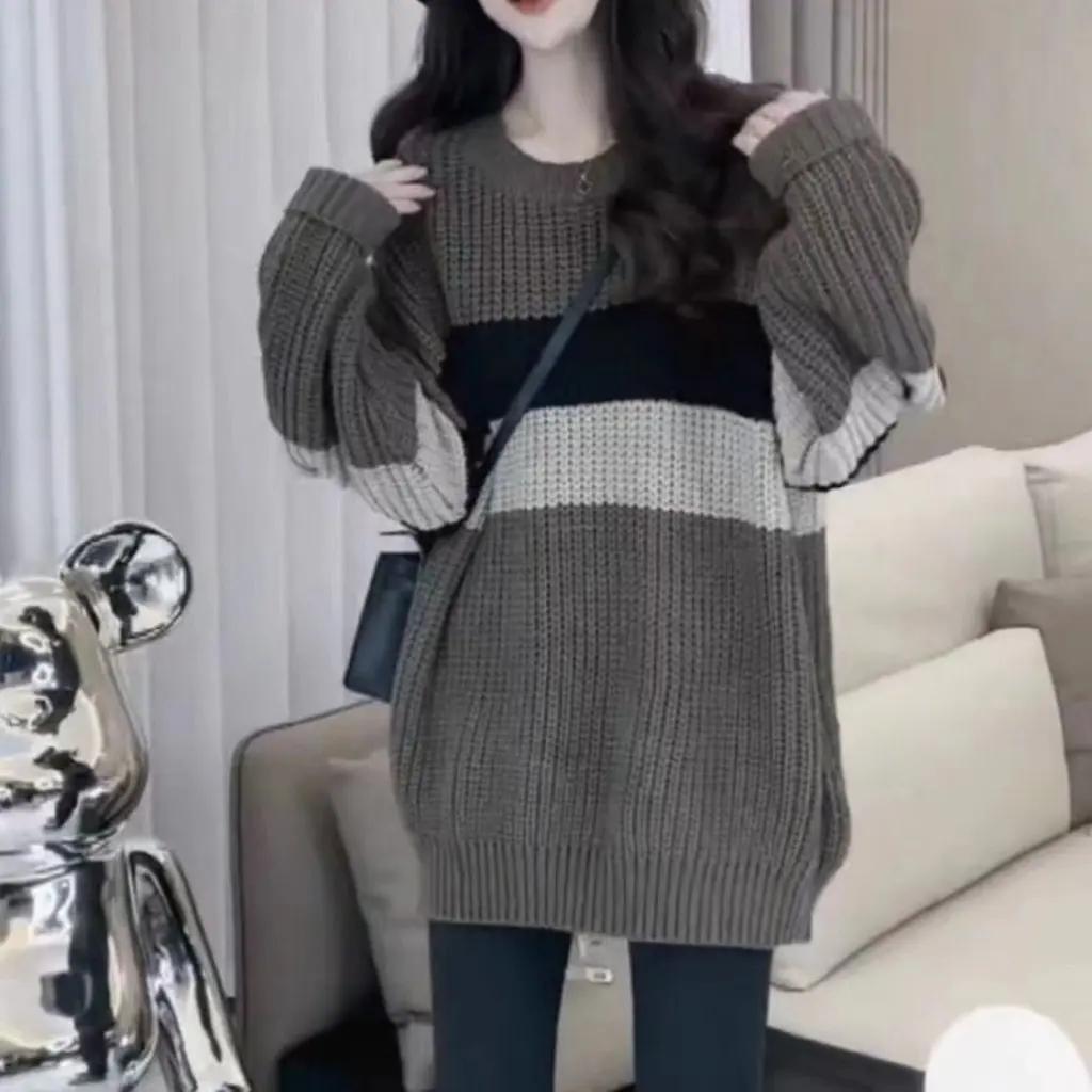 

Korean Lazy Wind Contrast Striped Sweater for Women Loose Soft Waxy Style Autumn Winter Top Outer Wear Slim Fit 24 Years