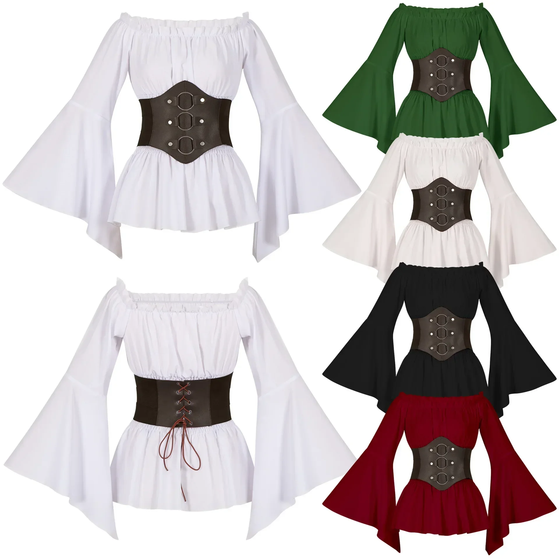 Women Medieval Pirate Shirt Halloween Renaissance Retro Casual Stage Performances Blouses Slim Lady Long Ruffled Sleeves Tops