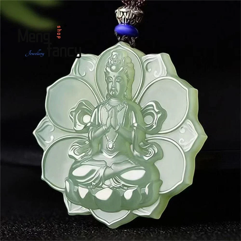 

Natural Hetian Green Jade Lotus Guanyin Pendant Exquisite Handicraft Buddhist Amulet Luxury Quality Fashion Jewelry Holiday Gift