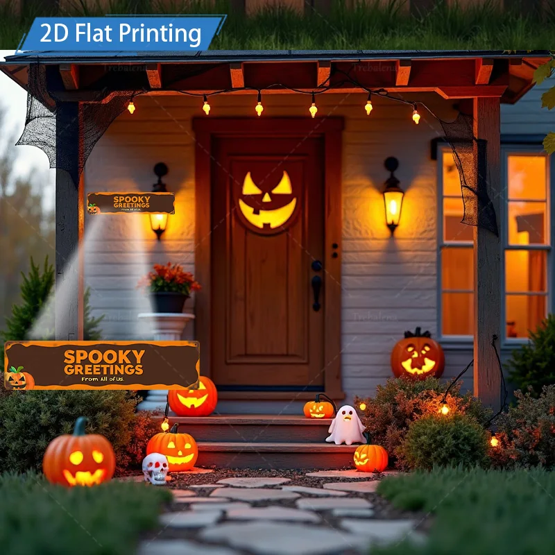 1pc metalen bord, 4x16inch Halloween Spooky Greetings Banner met pompoen en vleermuisdecoraties voor hek