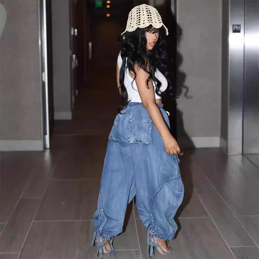 

Свободные плиссированные женские джинсы с высокой талией, женские весенне-летние новые уличные модные джинсовые шаровары на шнуровке с эластичной резинкой на талии