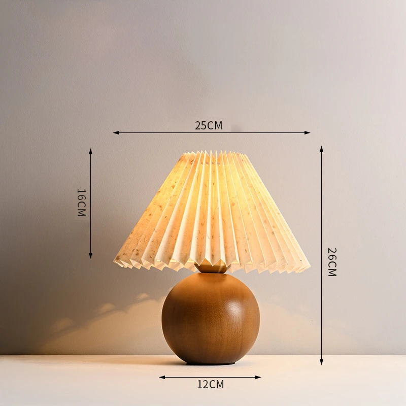 Nordic Style Girls Bedroom Study Three-Color Wooden Spherical Bedside Decorative Lamp Pleated Lampshade Solid Wood Table Lamp