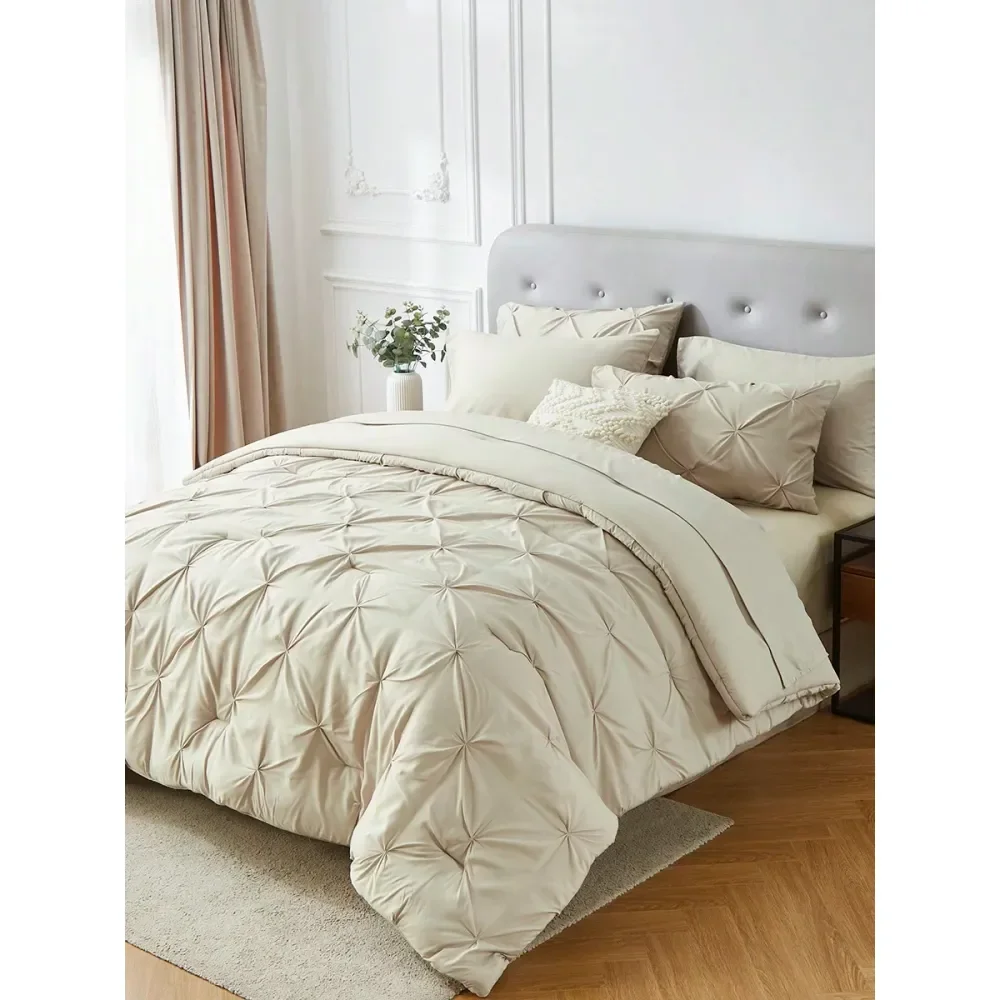 7Pcs Queen Pinched Pleat Bed Comforter Sets Queen Luxurious, Soft, Breathable, Hypoallergenic, And Cooling Summer Bedding For Al