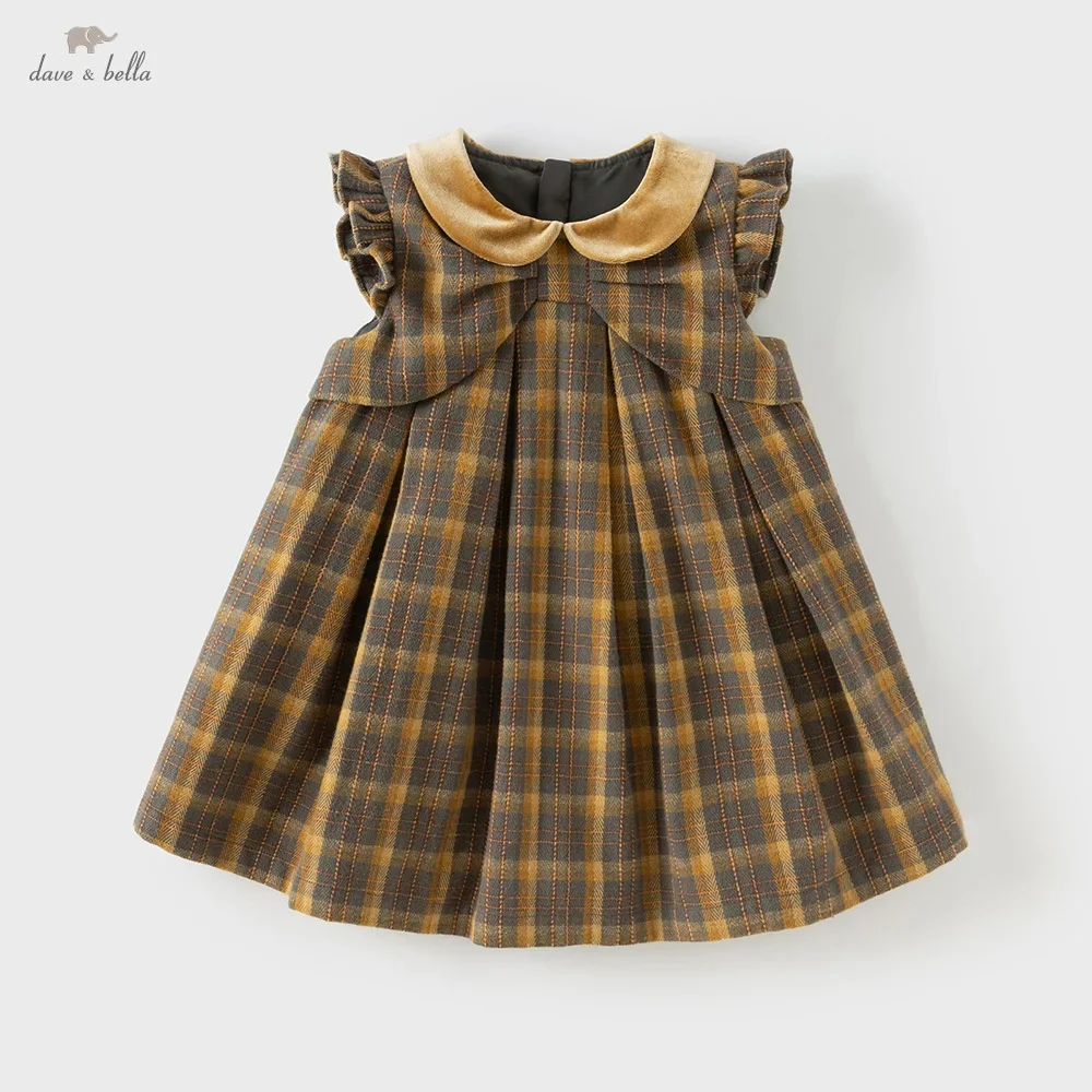 Dave Bella Girls Baby Dress Autumn Fashion Casual Sweet Yellow Green Plaid Kids College Style Princess Dress Party DB3253500