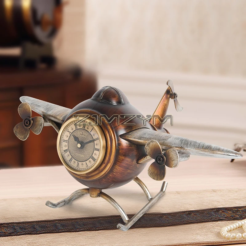 Airplane Tabletop Clock, Vintage Decorative Desk Clock Battery Operated, Resin Train Clock for Mantel Shelf Desk Decor