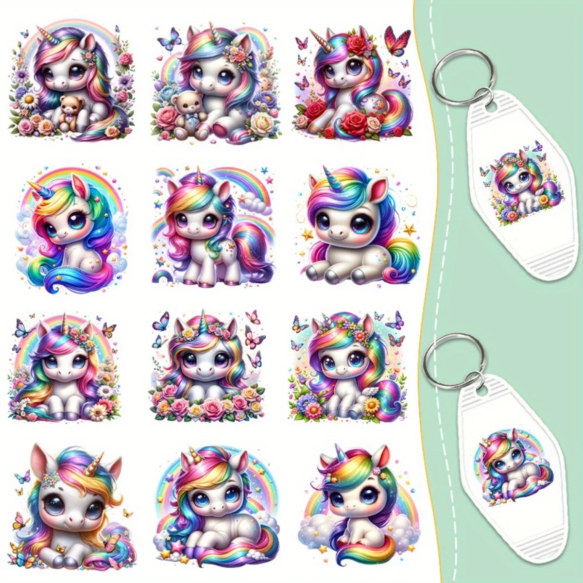 60 Pieces Rainbow Unicorn Transfer Pper UV DTF Transfer Durable High Viscosity AdhesiveDIY Crafts Office Supplies And Keychain