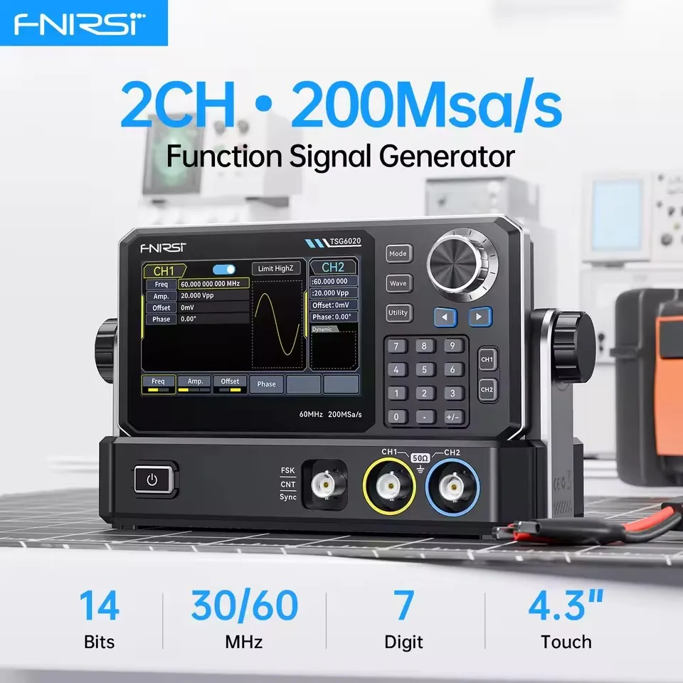 FNIRSI TSG6020 TSG3020 Function Signal Generator 2Ch 60MHz/30MHz 200MSa/s Touchscreen and Type-C Power for Electronics Repair