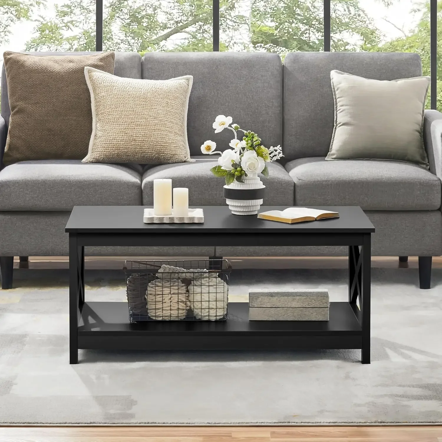 Wood 2-Tier Black Coffee Table with Storage Shelf for Living Room, X Design Accent Cocktail Table, Easy Assembly Home Furniture