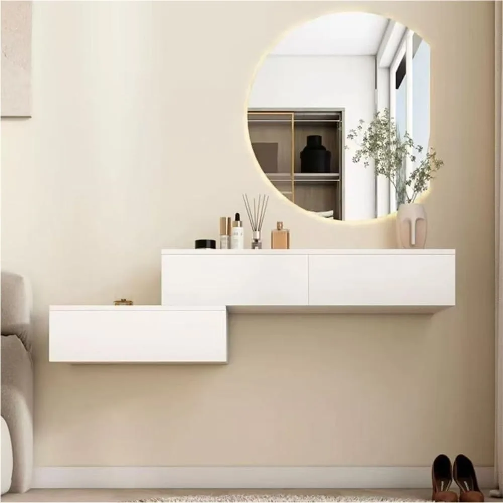 

2pcs Modern Wall-Mounted Makeup Dressing Table with Drawer, White Floating Shelf Wood Wall Mounted Desk, Hanging Desk for Bedroo