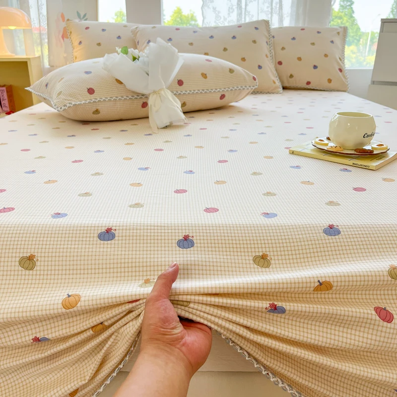 Bonenjoy King Size Top Sheets for Bed Pumpkin Printed Plaids Flat Bed Sheets with Lace Queen Size Bed Cover Single Bed Linen