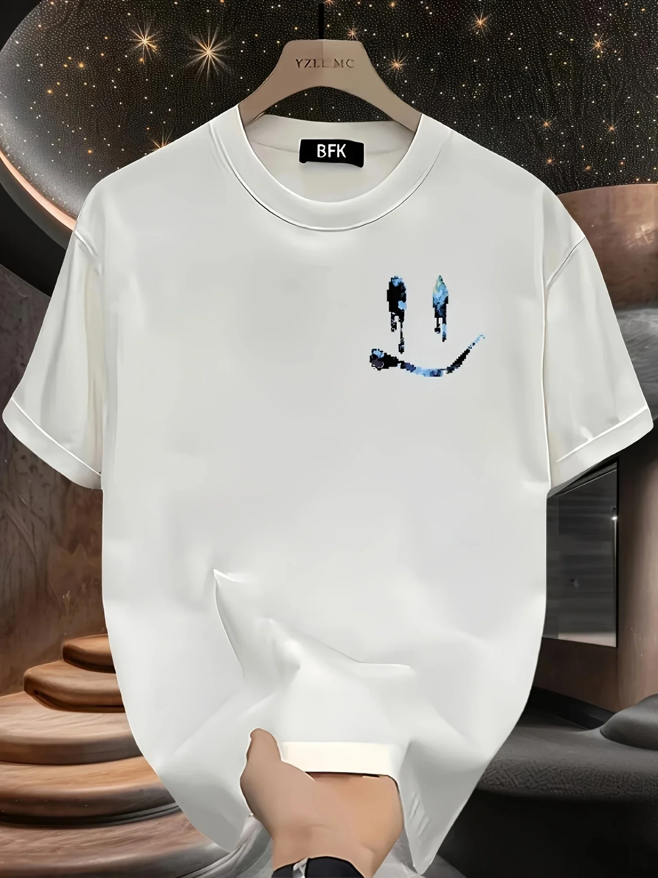 Men's 100% Cotton T-shirt, Aesthetic Blue Starry Sky Washed Smiley Face Gradient Print Short-Sleeve Top