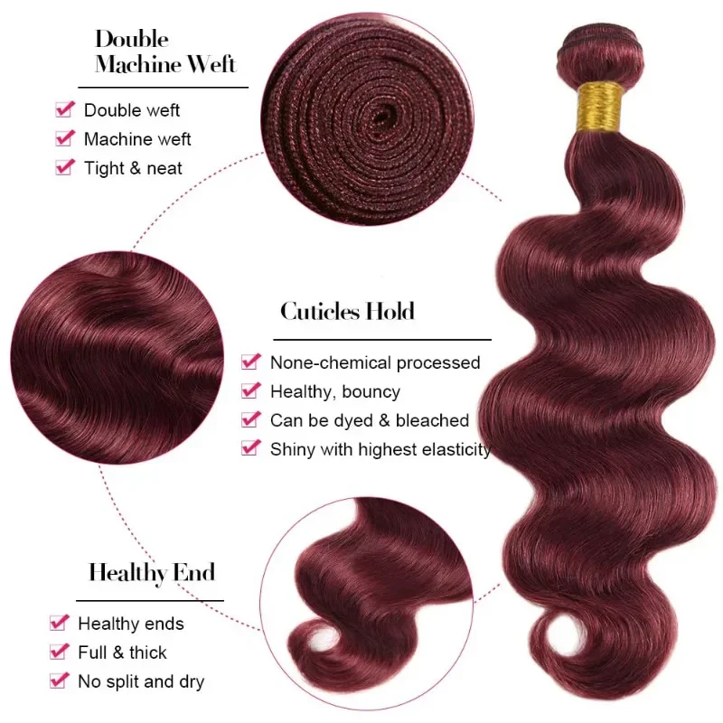 Human Hair Bundles 12-26 Inches Wine Red Bundles Body Wave Hair Weave 100% Brazilian Human Hair Extensions 1PC/100g 99J