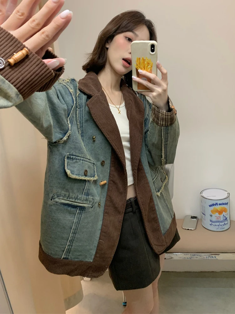 Retro Ripped Corduroy Jacket Coat Loose Casual Single-Breasted Pocket Outwear Fall Winter Long Sleeve Patchwork Denim Jackets
