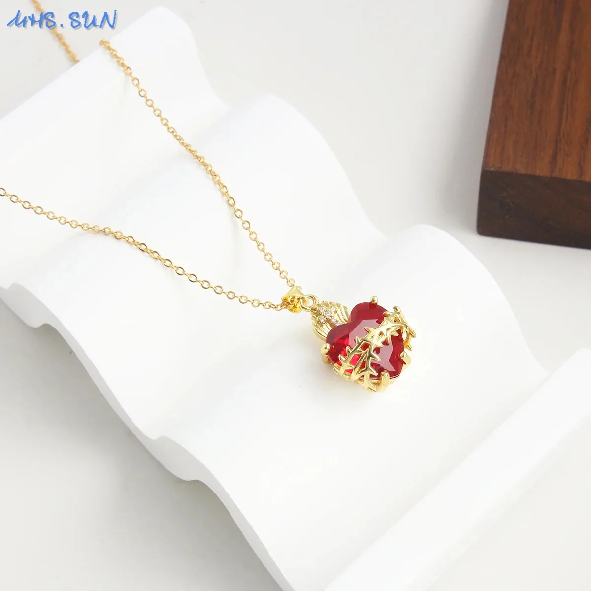 MHS.SUN Gold Plated Sacred Heart of Jesus Cross Necklace Red Zircon Religious Catholic Pendant Necklaces For Women Girls Jewelry