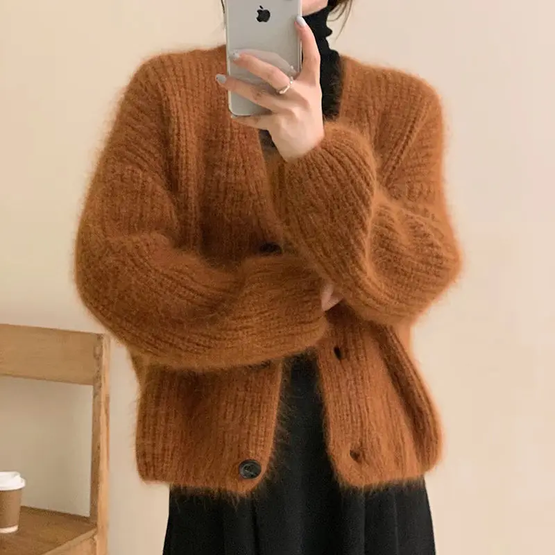 

High End Faux Mink Fur Sweater Cardigan Jacket For Women In Autumn And Winter, Skin Friendly V-Neck Loose Casual Sweater