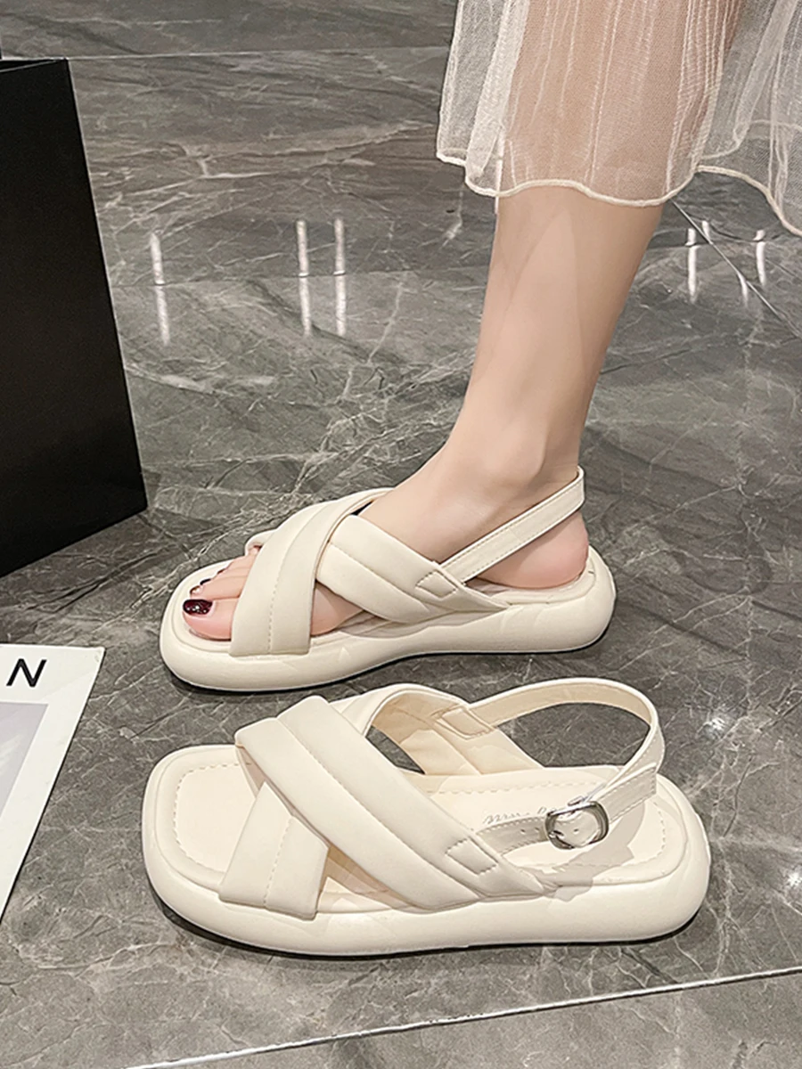 Med Female Sandal Clear Heels Espadrilles Platform Beach Shoes 2023 Summer Medium Girls High Beige Flat New Comfort Fashion Retr