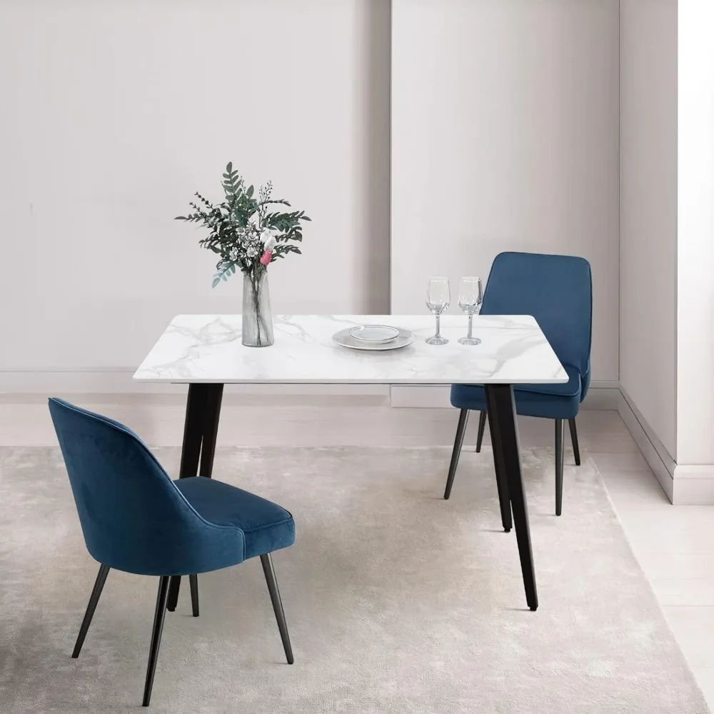 

Modern 47 5 Inch Dining Table, White Sintered Stone Kitchen Design, Black Metal Legs For Four To Six Person