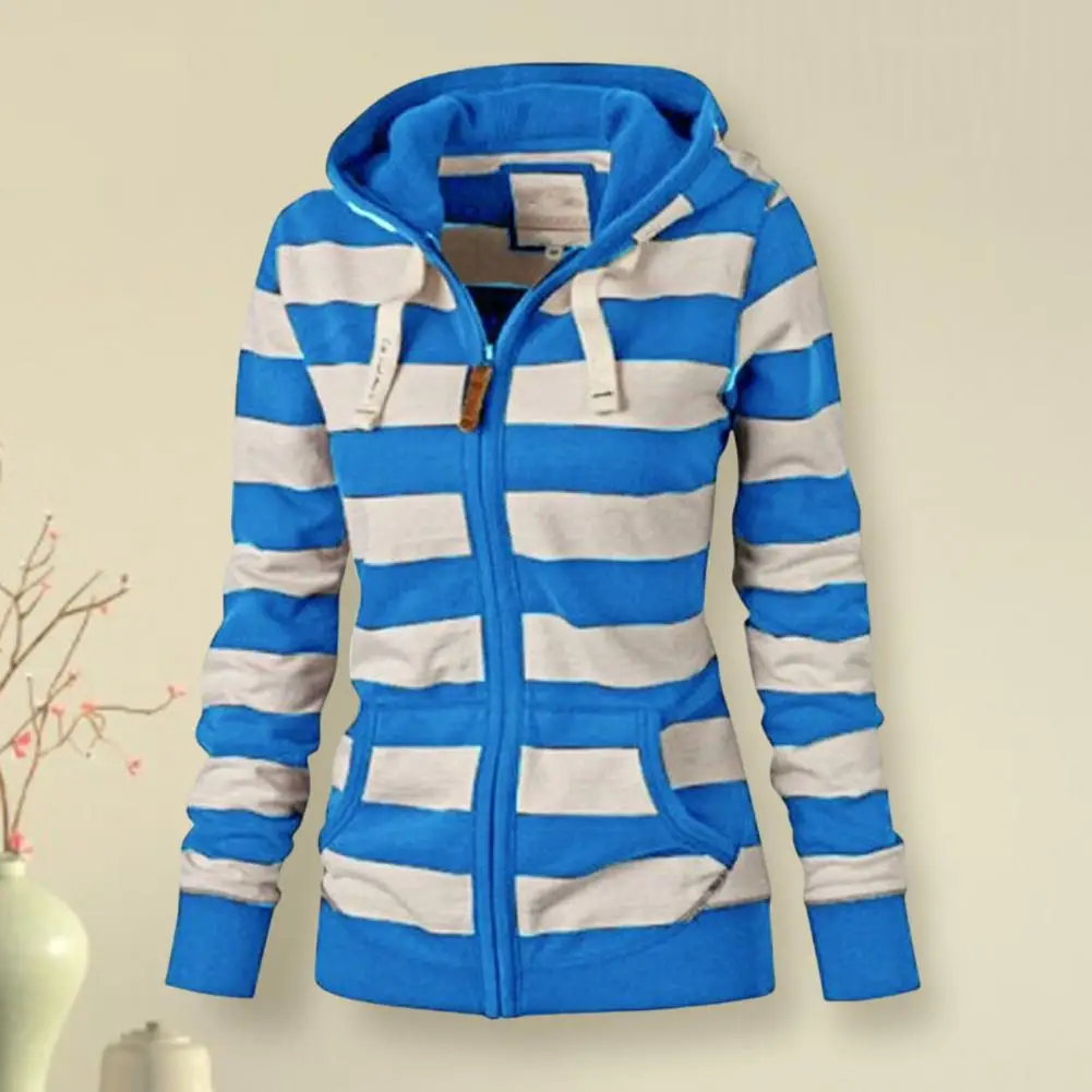 Women Sweatshirt Striped Hooded Autumn Winter Drawstring Pockets Long Sleeve Zipper Tops Hoodie for Sports