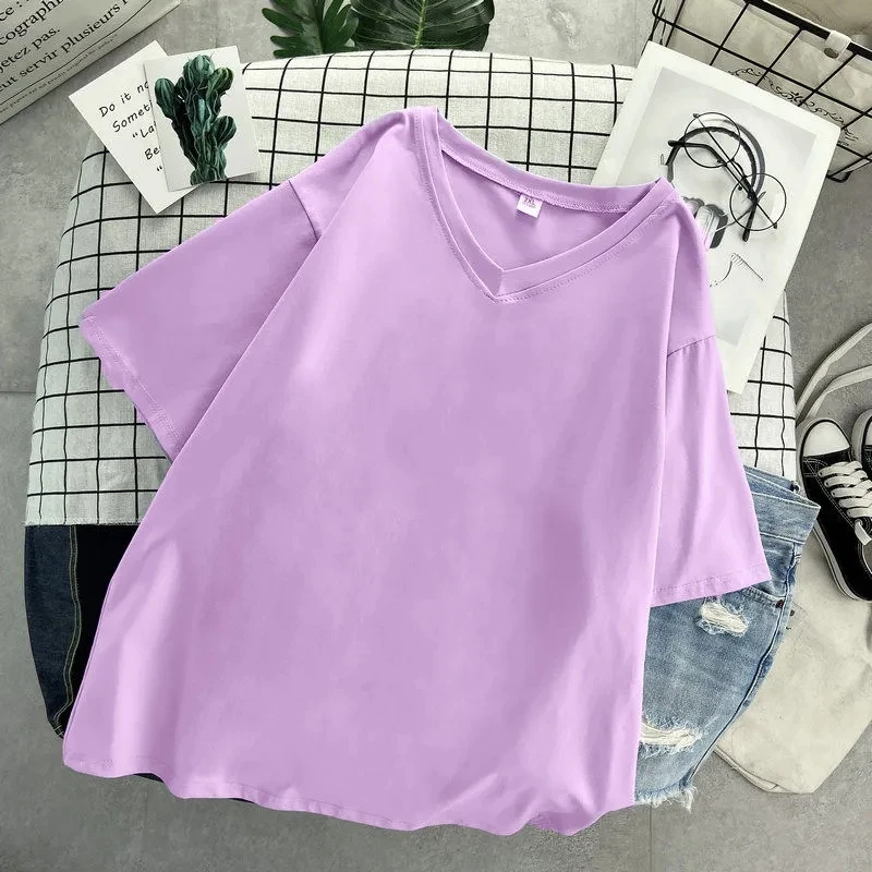 Plus Größe 6XL 150KG Frauen Sommer Casual t hemd Einfarbig Große Größe Baumwolle Femme t V Hals Großen tops Kurzarm Frauen t-shirt