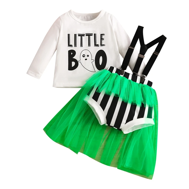 

Baby Girl Halloween Outfits Letter Ghost Print Long Sleeve Tops Mesh Skirt Hem Stripe Suspender Shorts 2Pcs Clothes Set